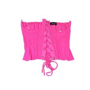 Akira Neon Pink Mesh Lace-Up Corset Top Nylon/Spandex Large Adjustable Back Zip